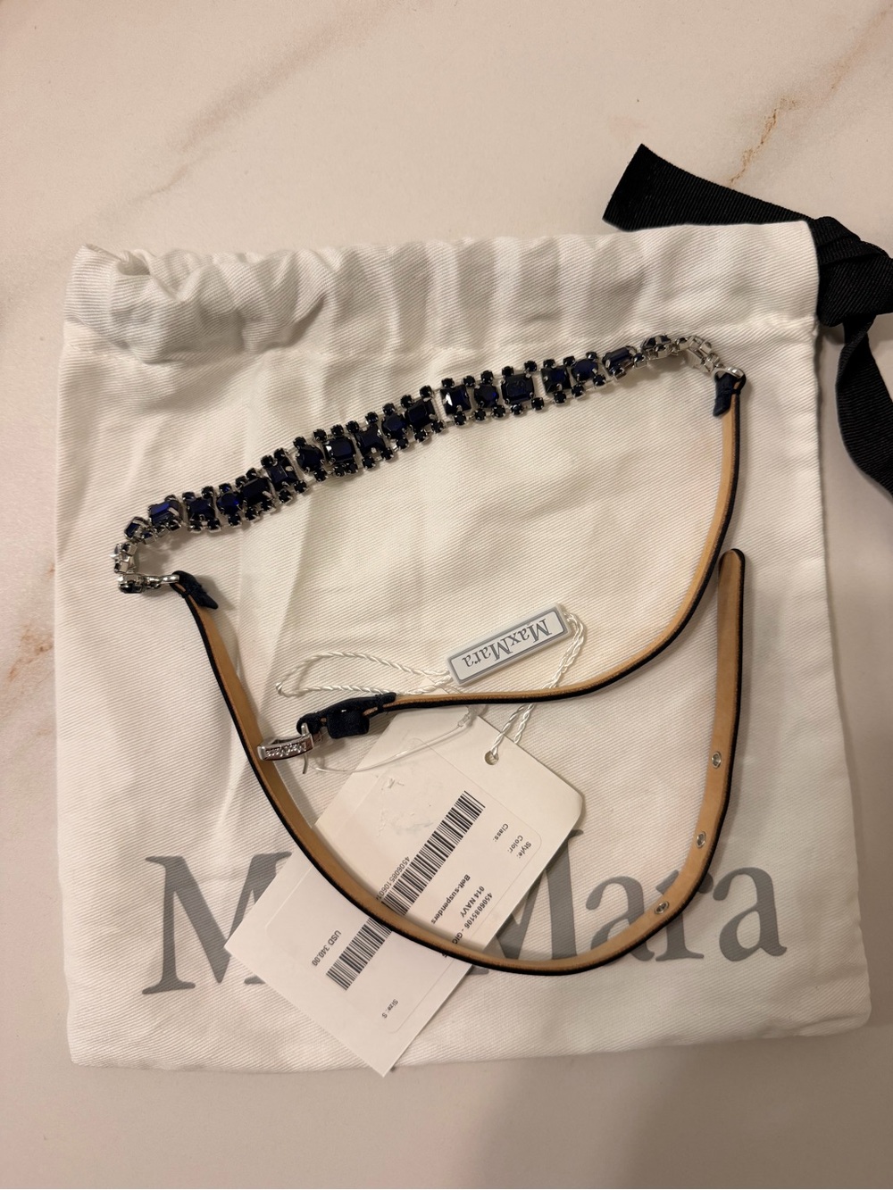 MaxMara Navy Crystal Belt with Satin-Leather Trim